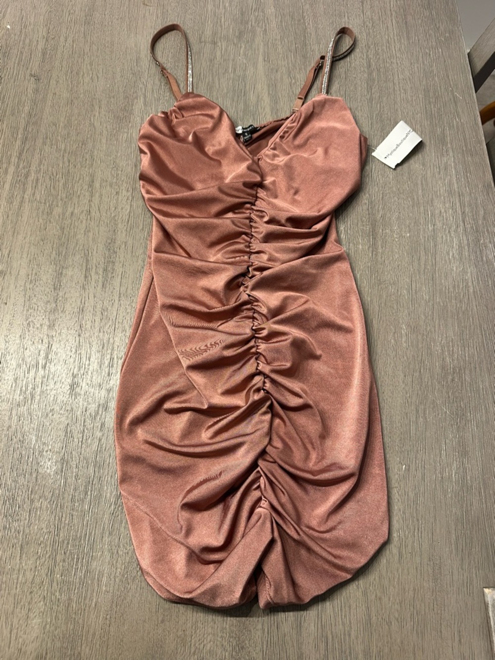 Ruched Satin Mini Dress in Dusty Rose